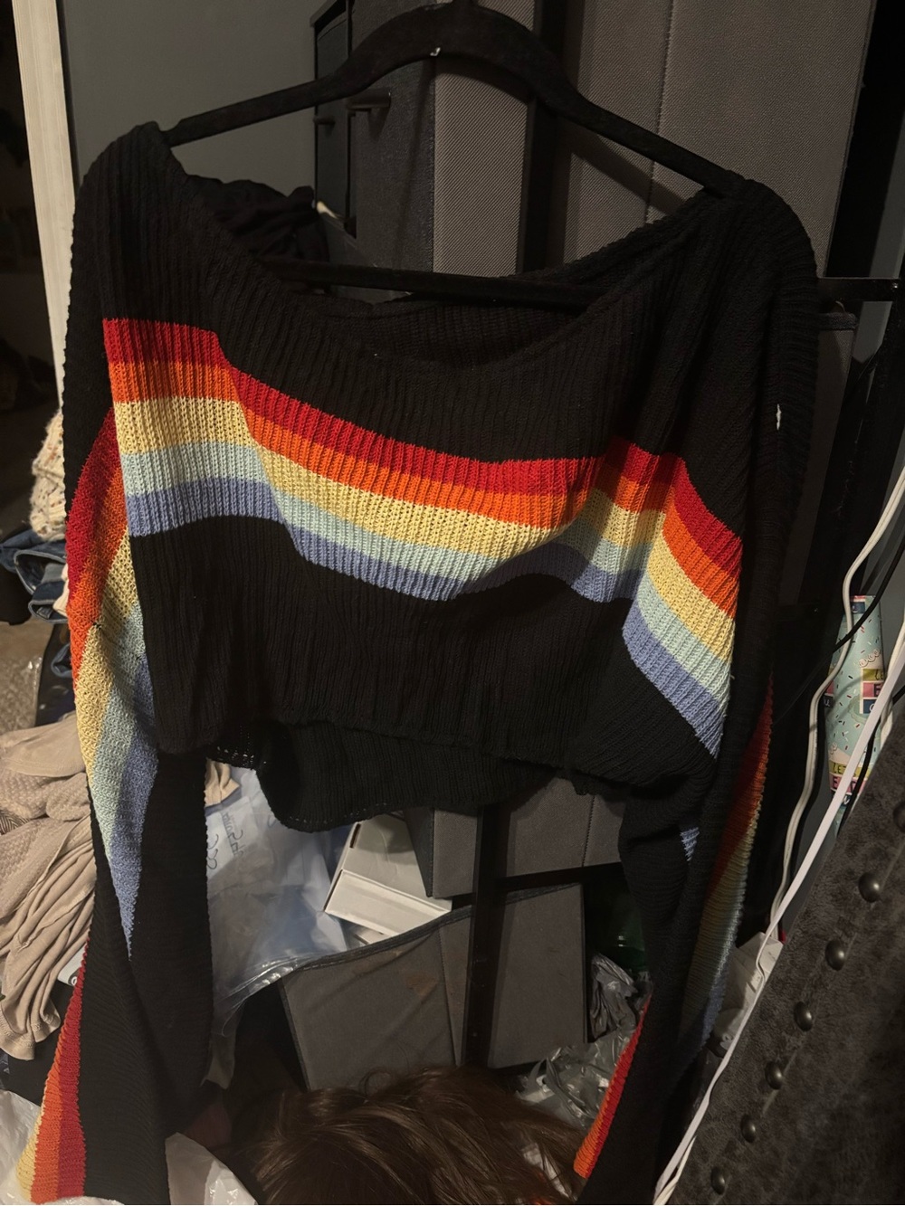 SHEIN Black Offthe Shoulder Ribbed Knit Sweater OS